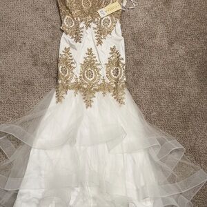 Elegant Gold and White Wedding Dress